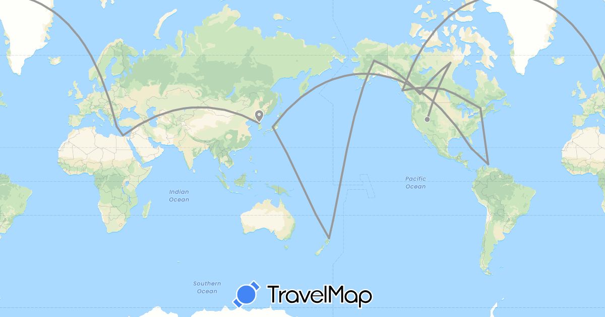 TravelMap itinerary: driving, plane in Canada, Cuba, Egypt, Greece, Japan, South Korea, Netherlands, New Zealand, United States (Africa, Asia, Europe, North America, Oceania)
